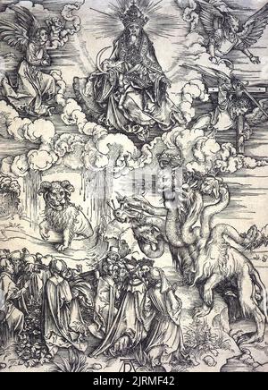 Das Tier mit zwei Hörnern wie ein Lamm. Aus: Die Apokalypse., 1497-1498, von Albrecht Dürer. Stockfoto