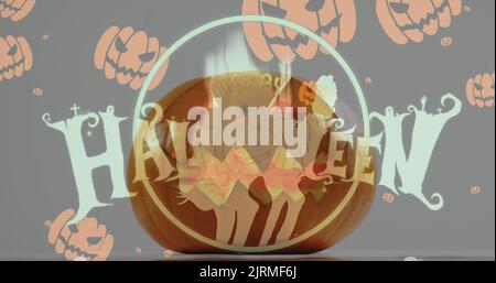 Happy halloween Text und Kürbis Icons fallen gegen halloween Kürbis vor grauem Hintergrund Stockfoto