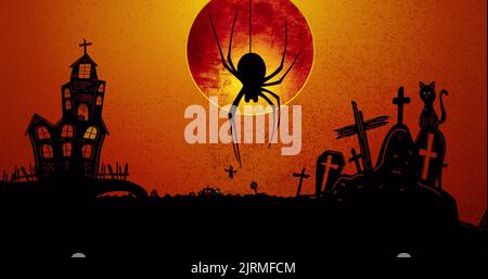 Bild von halloween Friedhof, Geister, Fledermäuse, Spinne und Vollmond auf orangefarbenem Hintergrund Stockfoto