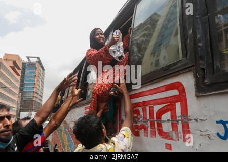 Dhaka, Dhaka, Bangladesch. 25. August 2022. Nach dem Zusammenstoß während des 12-stündigen landesweiten Streiks versucht eine Frau aus dem Bus durch das Fenster zu steigen.die Aktivisten der Linken Demokratischen Allianz brachten eine Prozession heraus und blockierten die Kreuzungen von capitalÃ¢â‚¬â„¢s Paltan zur Unterstützung des 12-stündigen landesweiten Streiks, der gegen die jüngste Preiserhöhung des täglichen Bedarfs protestierte Am 25. August 2022 in Dhaka, Bangladesch. (Bild: © Abu Sufian Jewel/ZUMA Press Wire) Stockfoto