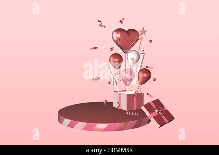 3D Render Podium Anzeige von Ballons Konfetti Herz Geschenkbox geeignet für Muttertag Geburtstagskarte Einladung Stockfoto