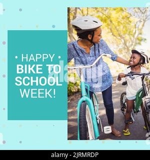 Glückliche afroamerikanische Mutter und Tochter Fahrrad fahren, glücklich Fahrrad zur Schulwoche Text Stockfoto