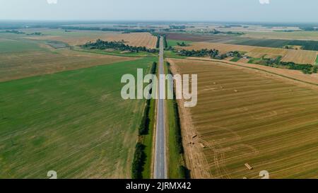 Luftaufnahme einer geraden Straße mit Auto zwischen landwirtschaftlichen Feldern. Blick von der Drohne. Stockfoto