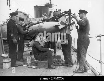 Ein Vintage-Foto um den August 16 1941, das britische Matrosen zeigt, die einen Torpedo in ein Torpedo-Rohr an Bord von HMS Vanoc, einem britischen Zerstörer der V-Klasse, der im Ersten und Zweiten Weltkrieg diente, einluden Stockfoto