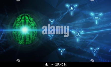 Gehirn, A.I. 3D Rendering Graphics, Konzept. Eine futuristische Technologie und Wissenschaft Komposition Vorlage, mit einem menschlichen Gehirn, Netzlinien und Overlay gr Stockfoto