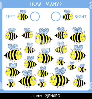 Zählen Sie, wie viele Bienen nach links und rechts fliegen und schreiben Sie das Ergebnis auf Stockfoto