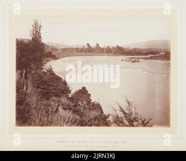 Upper Hutt River am Fern Ground mit Blick auf Wellington, NZ. Aus dem Album: New Zealand Scenery: Wellington to the Wairarapa., Mitte 1870s, Wellington, von James Bragge. Stockfoto