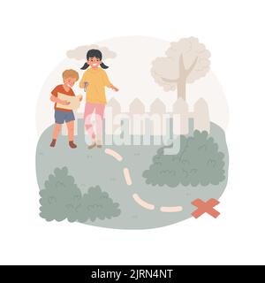 Schatzsuche isoliert Cartoon-Vektor-Illustration. Schnitzeljagd für Kinder, Freizeit in der Familie, Kinder mit Hinweisen, Schatzjagd, Suche auf Hinterhof-Vektorgrafik. Stock Vektor