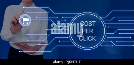 Schild mit den Kosten pro Klick. Wort geschrieben auf Zahlen Sie eine Menge Geld jedes Mal, wenn eine Person besucht Website Thought Bubble mit Schreibwaren und Kaffee Stockfoto