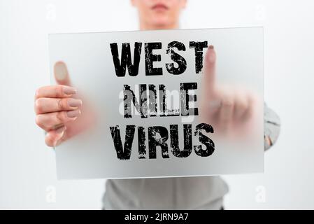 Konzeptunterschrift West Nile Virus. Unternehmensübersicht Virusinfektion Ursache in der Regel durch Moskitos man Holding Tablet und Pen zeigt auf verbreitet Stockfoto