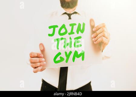 Inspiration Vorzeibeschild Join the Gym. Konzeptionelle Foto-Motivation zu beginnen, trainieren machen Übungen Fitness Blank Rahmen repräsentieren Unternehmen Stockfoto