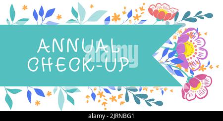 Textschild mit jährlicher Überprüfung. Internet-Konzept jährliche Bewertung und Untersuchung der Person s ist Gesundheitszustand wichtige Nachrichten auf Haftnotizen Stockfoto