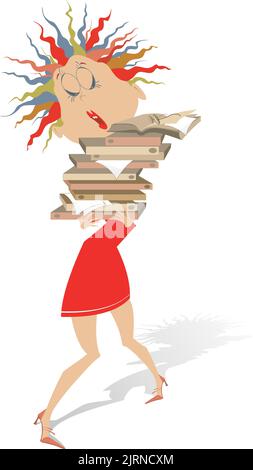 Die junge Frau hält kaum viele Bücher oder Dokumente isoliert. Ängstliche junge Frau hält viele Bücher oder Dokumente, die sie lesen muss Stock Vektor