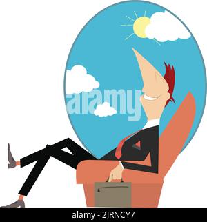 Geschäftsreisen mit dem Flugzeug. Lächelnder Geschäftsmann mit einer Tasche, die im Sessel des Flugzeugs sitzt und zum Fenster blickt Stock Vektor