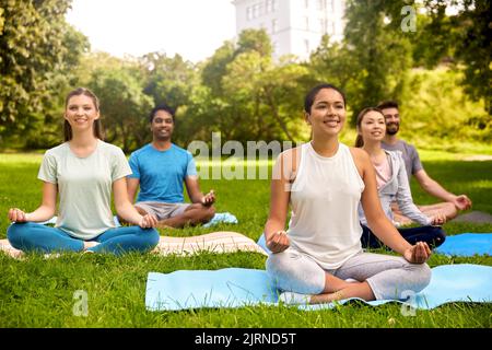 Eine Gruppe von Menschen, die im Sommerpark Yoga machen Stockfoto