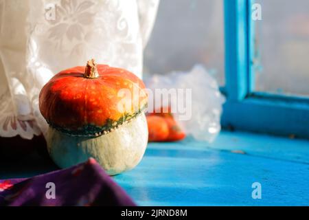 Unschärfe-Herbst-Kürbis. Nahaufnahme des reifen Turban-Squash, auch bekannt als Turks-Turban oder französischer Turban. Gesunde Ernährung. Dekorativer Kürbis. Ggf Stockfoto