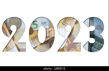 Jahr 2023 mit der Struktur von Euro, europäischem Geld, Geschäftskonzept Stockfoto