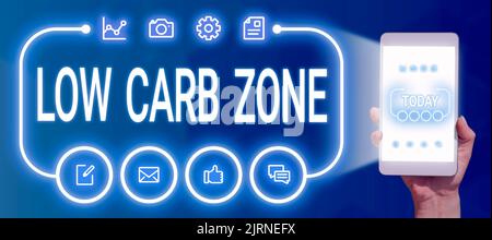 Schild mit der Meldung „Low Carb Zone“. Wort für eine gesunde Ernährung zum Abnehmen Essen mehr Proteine zuckerfrei Geschäftsmann Holding A Tablet mit glühenden Stockfoto