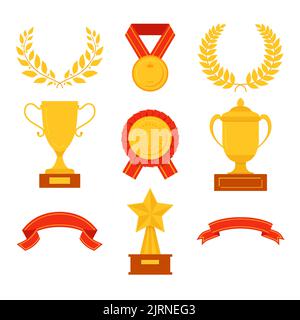 Goldene Auszeichnungen und Tassen – Set mit Symbolen im flachen Design Stock Vektor