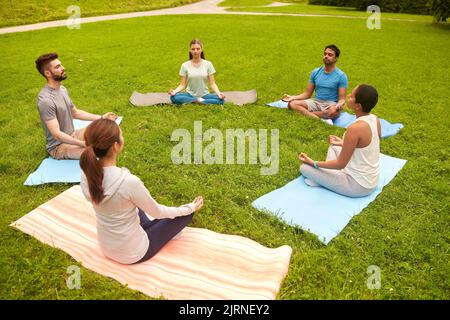 Eine Gruppe von Menschen, die im Sommerpark Yoga machen Stockfoto
