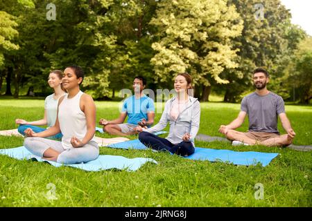 Eine Gruppe von Menschen, die im Sommerpark Yoga machen Stockfoto