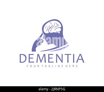 Demenz, menschlicher Kopf mit Gehirn, psychische Gesundheit, Logo-Design. Gesundheitsversorgung, psychologische Hilfe, Psychiatrie, Depression und Therapie, Vektordesign Stock Vektor