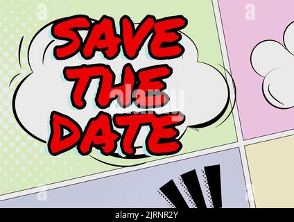 Schreiben des angezeigten Texts Save the Date. Konzeptionelle Foto systematisierte Ereignisse geplante Aktivität aufgezeichnet eingereicht Frau Holding Tablet Anzeige Neu Stockfoto