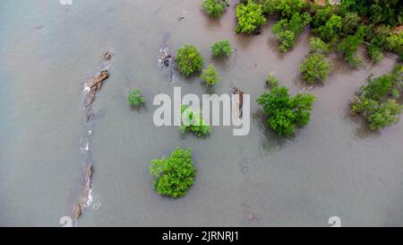 Luftaufnahme von Ao Thalane, Touristenziel für Kajakfahrten, um die Schönheit der Kalksteinberge und fruchtbaren Mangrovenwälder zu sehen, Krabi, Thailand. Stockfoto