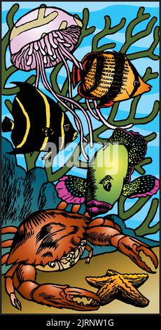 Eine Holzschnitt-Illustration von Unterwassertieren, darunter Fischquallen und eine Krabbe. Stock Vektor