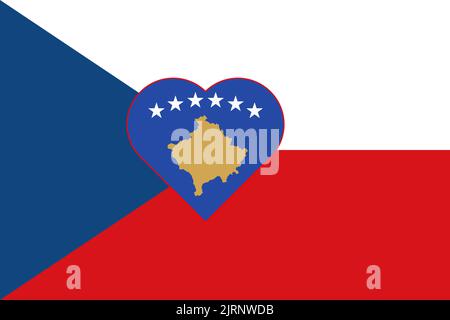 Flagge des Kosovo in Form eines Herzens auf der Flagge der Tschechischen Republik. Unterstützung der Alliierten für den Kosovo. Flache Doppelflagge - Abbildung. Stockfoto