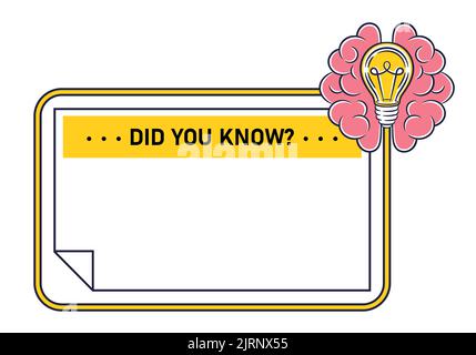 Wussten Sie, interessante Lerninformationen, Zitat Rahmen mit Glühbirne, Gehirn-Symbol. Schnelle Tipps, lustige Fakten, wichtige Neuigkeiten. Hilfreiche Tipps. Vektor Stock Vektor