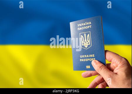 Ukrainischer biometrischer Pass in der Hand einer Frau vor dem Hintergrund der Nationalflagge der Ukraine. Patriotismus, Demokratie, Unabhängigkeitstag, Krieg in Stockfoto