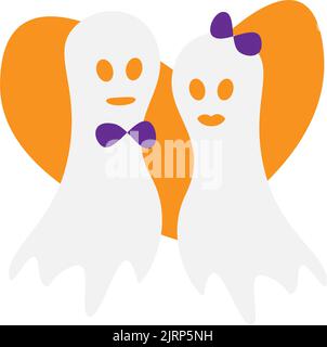 Zwei verliebte Geister auf einem transparenten Hintergrund in trendigen Farbtönen. Vektor-Set für Halloween. Isolieren. Frohe Halloween. Modisches Druckdesign. Geeignet für Schriftzug, Poster, Grußformel, Geschenkpapier, Banner Stock Vektor