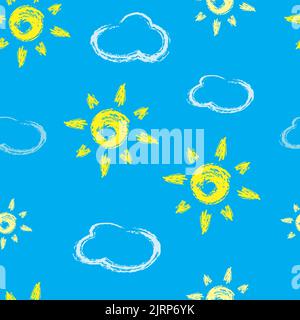 Wolkenlandschaft nahtloses Muster. Wolken und Sonne Doodle Zeichnung auf blauem Hintergrund. Kinder Kreide Vektor Illustration. Stock Vektor