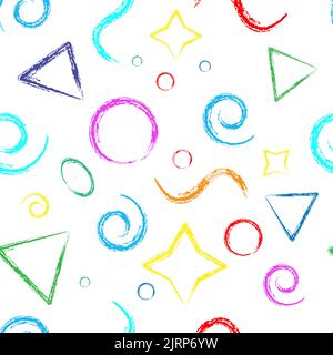 Geometrische handgezeichnete Grunge Farbe kreidet nahtlose Muster mit Dreiecken, Kreisen und Formen auf weißem Hintergrund. Stock Vektor