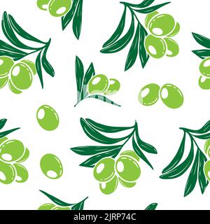Vektor-Nahtloses Muster mit grünen Oliven auf Weiß für Geschenkpapier. Hintergrunddesign für Olivenöl, Naturkosmetik. Stock Vektor