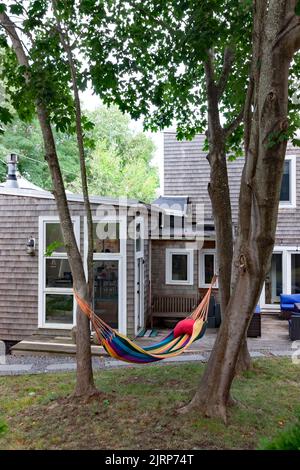 Bunte Hängematte, die zwischen zwei Bäumen in einem Hinterhof am Cape Cod, Massachusetts, hängt. Stockfoto