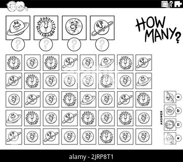 Schwarz-Weiß-Illustration der pädagogischen Zählung Spiel mit Cartoon-Planeten-Zeichen Färbung Seite Stock Vektor