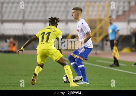 Stipe Biuk von der Hjduk in Aktion während des Play-Off Second Leg-Spiels der UEFA Europa Conference League zwischen der Hjduk Split und dem FC Villarreal am 25. August 2022 im Poljud-Stadion in Split, Kroatien. Foto: Hrvoje Jelavic/PIXSELL Stockfoto