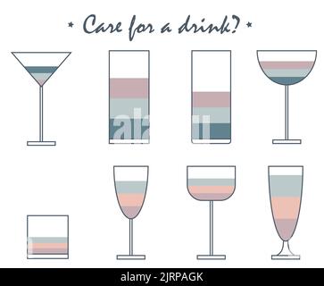 Satz von Cocktail-Gläser Symbole auf weißem Hintergrund, isolierte Vektor-Illustration. Einfache stilisierte Silhouetten-Kollektion. Logo Stockfoto