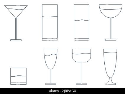 Satz von Cocktail-Gläser Symbole auf weißem Hintergrund, isolierte Vektor-Illustration. Einfache stilisierte Silhouetten-Kollektion. Logo Stockfoto