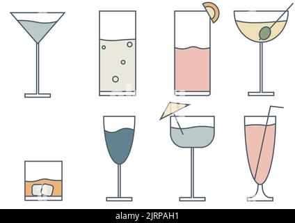 Satz von Cocktail-Gläser Symbole auf weißem Hintergrund, isolierte Vektor-Illustration. Einfache stilisierte Silhouetten-Kollektion. Logo Stockfoto