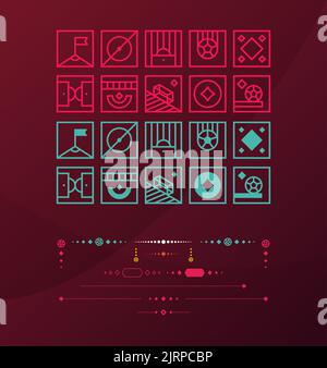 2022 Fußball oder Fußball Meisterschaft Design Elemente Vektor-Set. Offizieller Farbhintergrund, Trennwände, Linien und Symbole. Vector, Banner Social Media Kit Stock Vektor