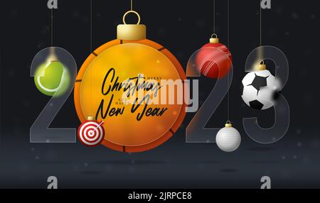 Sport 2023 Neujahr Sale Banner oder Grußkarte. Frohes neues Jahr und fröhliche weihnachten Sport Banner mit Glasmorphismus, Glas-Morphismus oder Glas Morphismus Stock Vektor