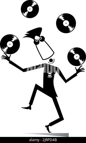 Cartoon lustige DJ oder Musik Liebhaber Illustration. Lächelnder Mann wirft schwarz auf weiß abgebildeten Schallplatten Stock Vektor