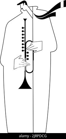Trompeter Line Art isolierte Illustration. Trompeter spielt Musik mit Inspiration schwarz auf weiß Original-Illustration Stock Vektor