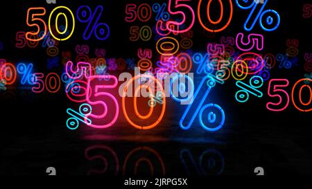 50% Rabatt Neonsymbol. 50 % Rabatt auf Verkauf und Rabatt-Promotion für Einzelhandelsoberlampen. Abstract Concept 3D Illustration. Stockfoto