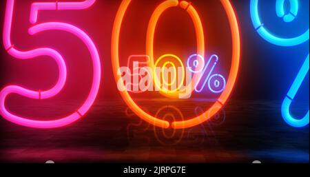 50% Rabatt Neonsymbol. 50 % Rabatt auf Verkauf und Rabatt-Promotion für Einzelhandelsoberlampen. Abstract Concept 3D Illustration. Stockfoto