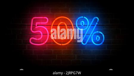 50% Rabatt Neonsymbol. 50 % Rabatt auf Verkauf und Rabatt-Promotion für Einzelhandelsoberlampen. Abstract Concept 3D Illustration. Stockfoto