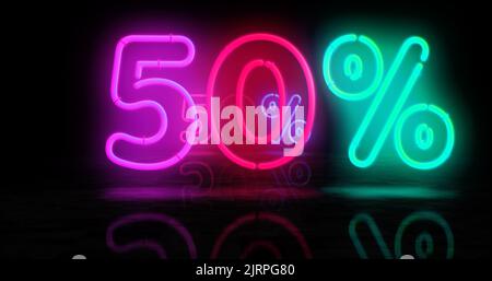 50% Rabatt Neonsymbol. 50 % Rabatt auf Verkauf und Rabatt-Promotion für Einzelhandelsoberlampen. Abstract Concept 3D Illustration. Stockfoto